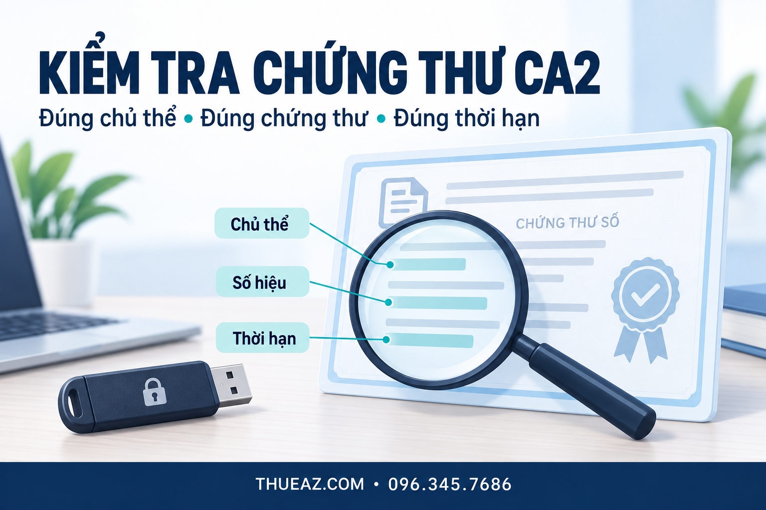 Kính lúp kiểm tra chủ thể, số hiệu và thời hạn trên chứng thư số CA2 minh họa cạnh USB Token