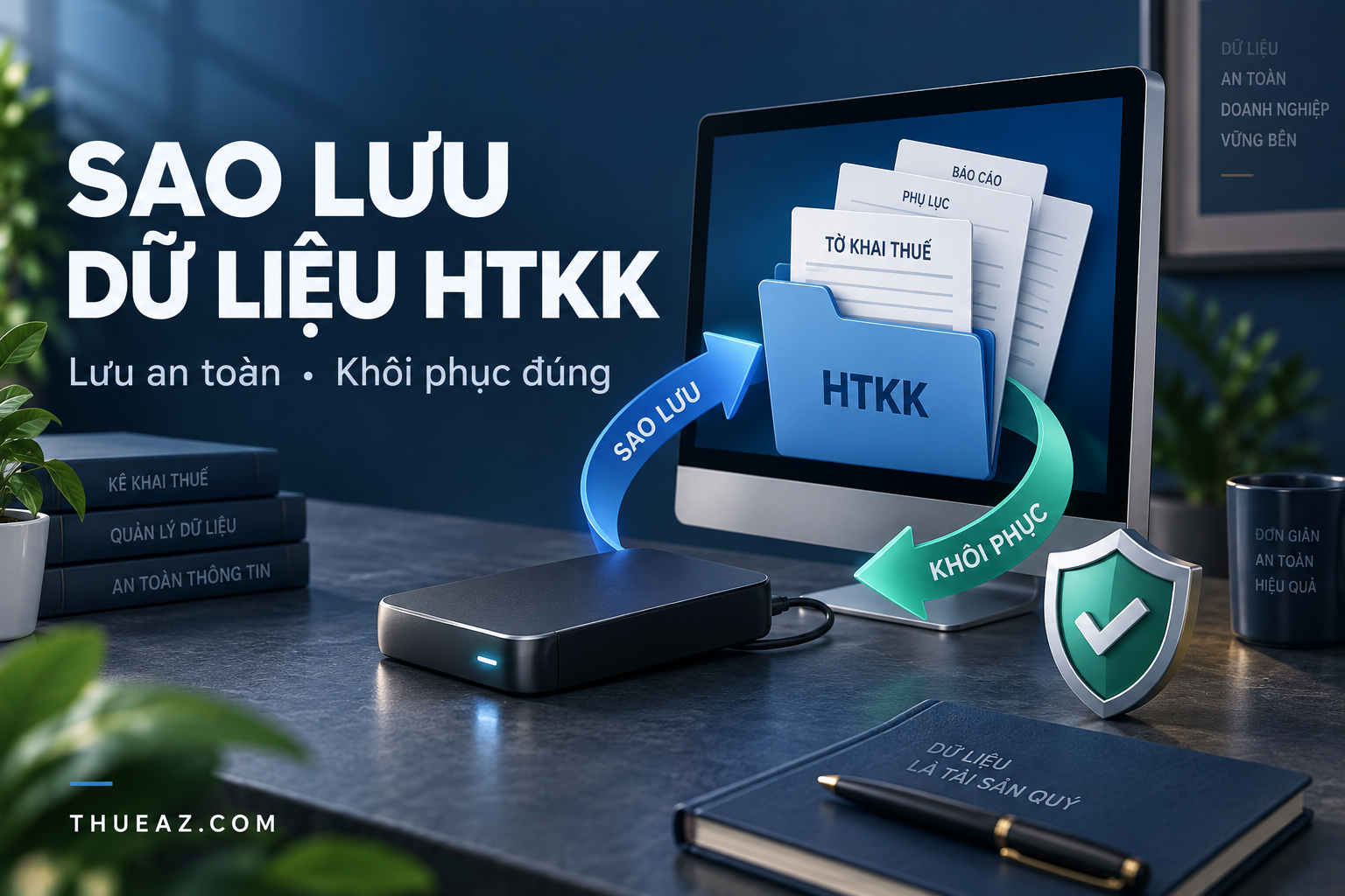 Minh họa sao lưu dữ liệu HTKK với hồ sơ khai thuế, máy tính và ổ lưu trữ dự phòng
